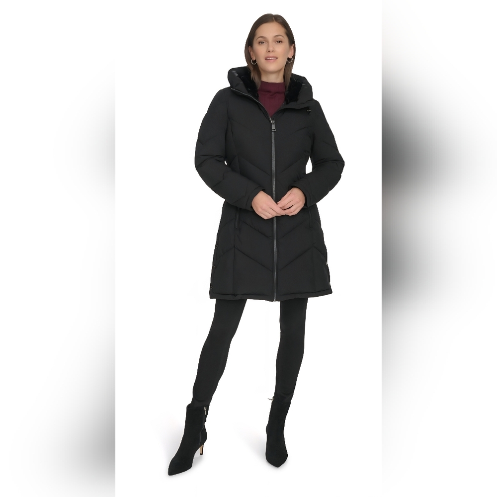 Women's Calvin Klein Hooded Puffer Coat Mid Length Black Size XS, Large $285